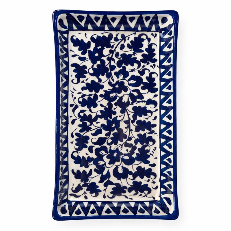 Handcrafted Blue Pottery Rectangle Platter – Floral Design (11 × 4.5 Inches) - Habitt