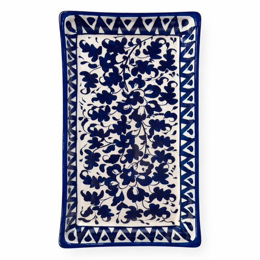 Handcrafted Blue Pottery Rectangle Platter – Floral Design (11 × 4.5 Inches) - Habitt