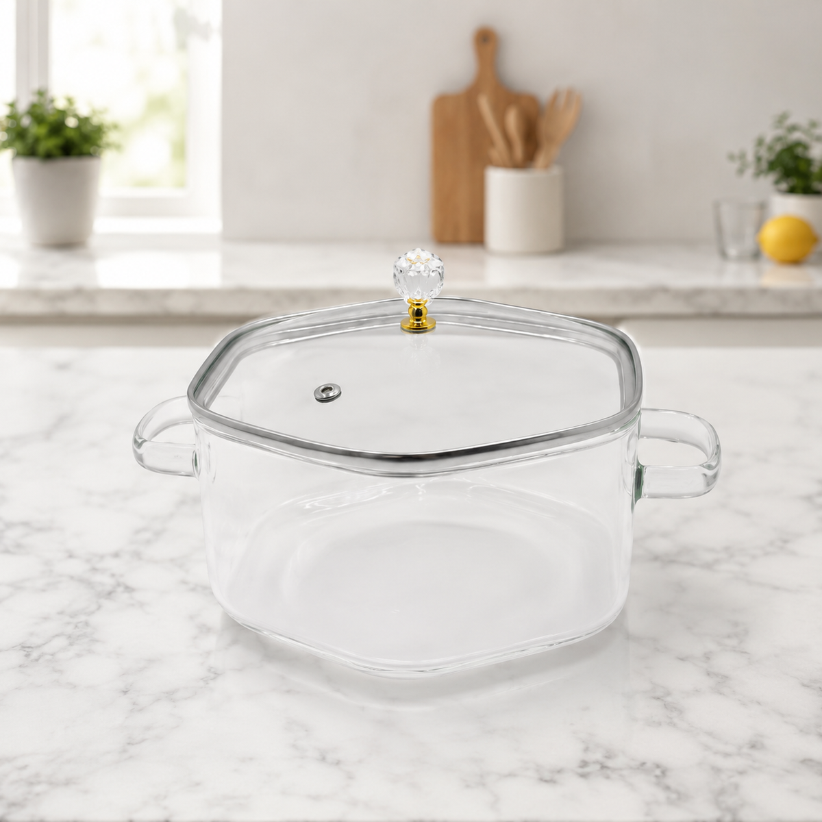 2500ML Hexagonal Glass Cooking Pot with Lid | Glass Cooking Pot
