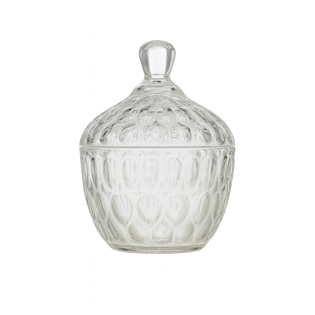 Clear Embossed Glass Candy Jar with Lid – 99 mm Decorative Sweet Container (1 Pc) - Habitt