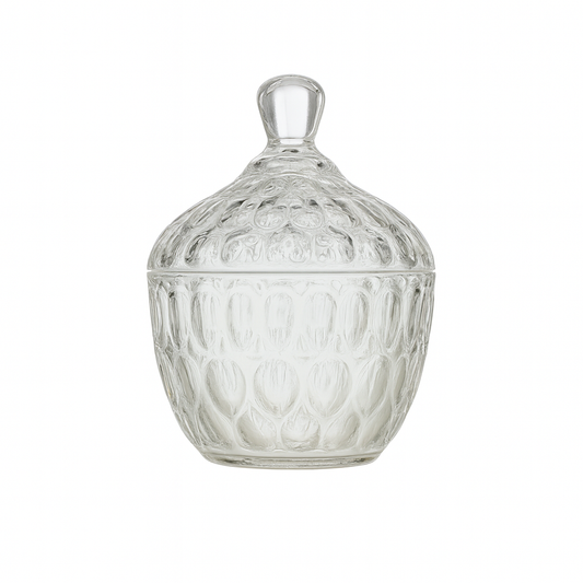 Clear Embossed Glass Candy Jar with Lid – 99 mm Decorative Sweet Container (1 Pc) - Habitt