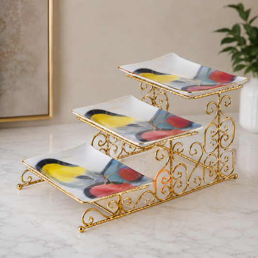 3-Step Glass Serving Stand with Gold Metal Frame | Elegant Dessert Display