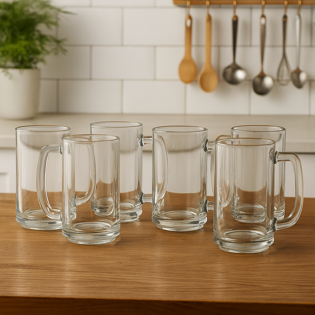 Clear Glass Juice Mug with Handle 410 ml – Set of 6 | Durable Drinkware for Home, Café & Bar - Habitt