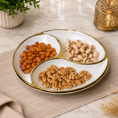 Elegant White & Gold Round Divided Serving Platter with 3 Compartments for Dry Fruits, Snacks, Appetizers & Festive Entertaining