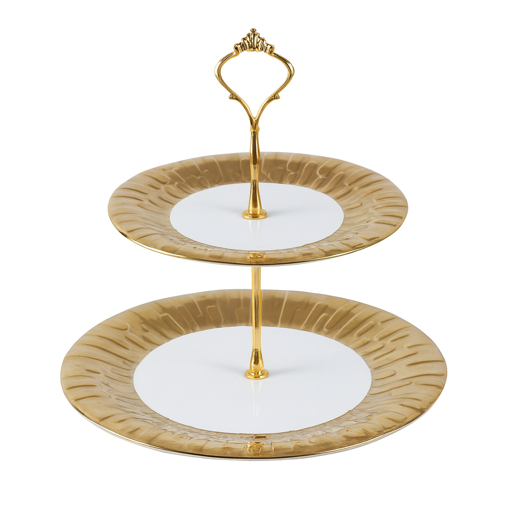2 Tier Pastry Stand – White &amp; Gold Ceramic Dessert Stand - Habitt