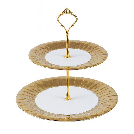 2 Tier Pastry Stand – White &amp; Gold Ceramic Dessert Stand - Habitt