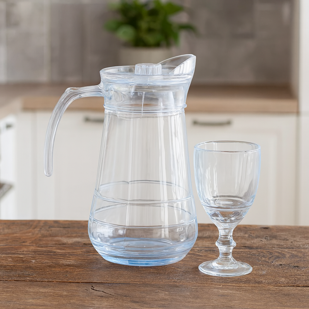 Premium Clear Pitcher Water Set – 7-Piece Set (1.2 L Jug + 340 mL Stemmed Glasses) - Habitt