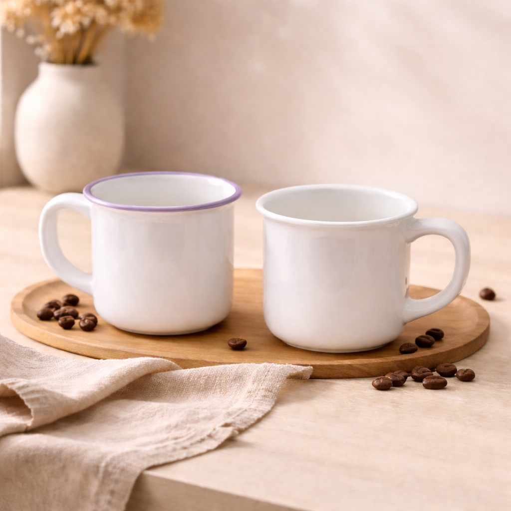 Set of 2 Minimalist White Coffee Mugs | Classic Aesthetic Tea Cups with Contrast Rim | Modern Kitchen Drinkware - Habitt