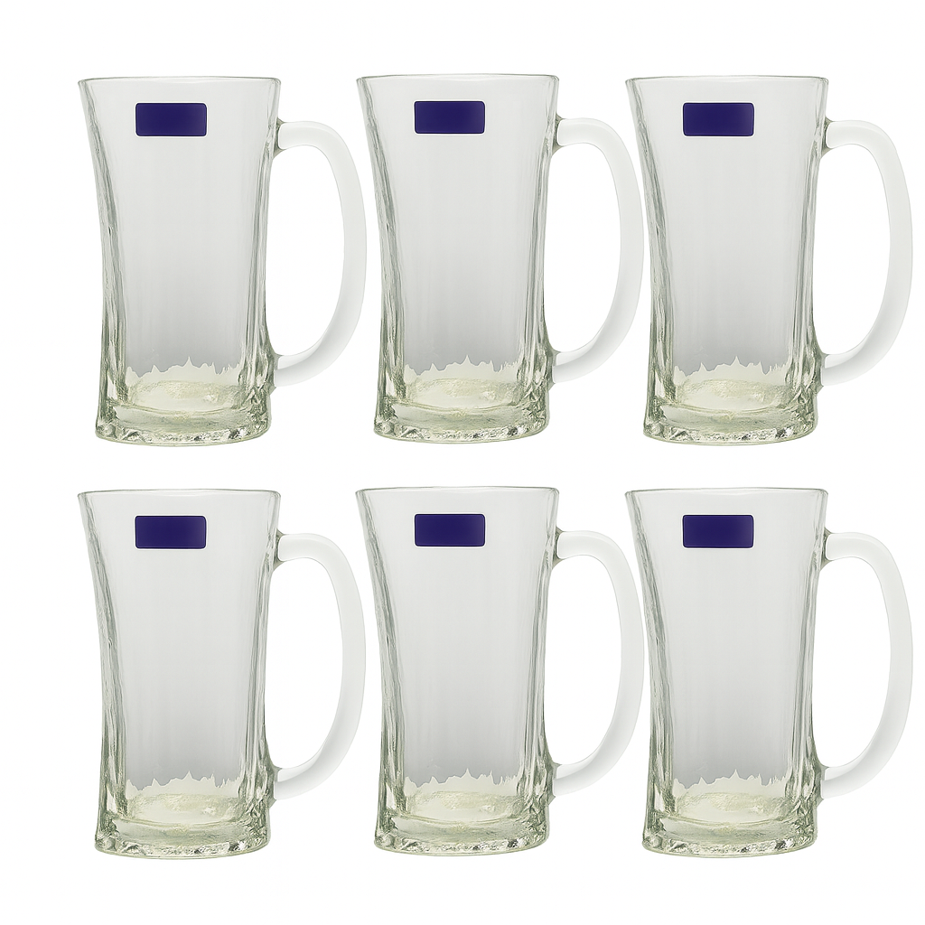 Wavy Textured Clear Glass Juice Mug 320 ml with Handle – Set of 6 | Stylish Drinkware for Home & Café - Habitt
