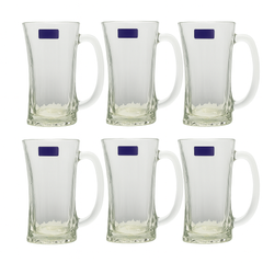 Wavy Textured Clear Glass Juice Mug 320 ml with Handle – Set of 6 | Stylish Drinkware for Home & Café - Habitt