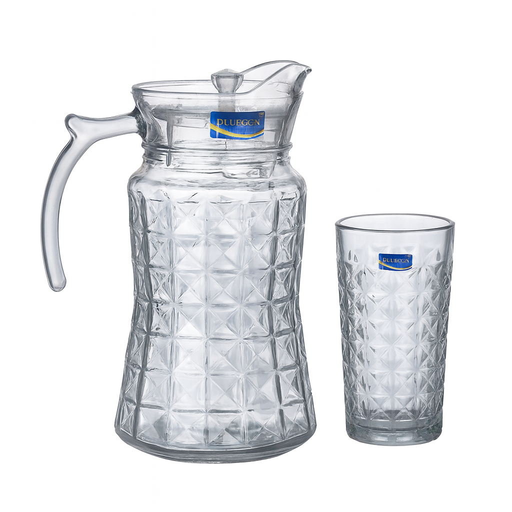 Smoke-Tinted 7-Piece Water Set – Diamond-Cut Jug & Matching Tumblers (Pressed Glass) - Habitt