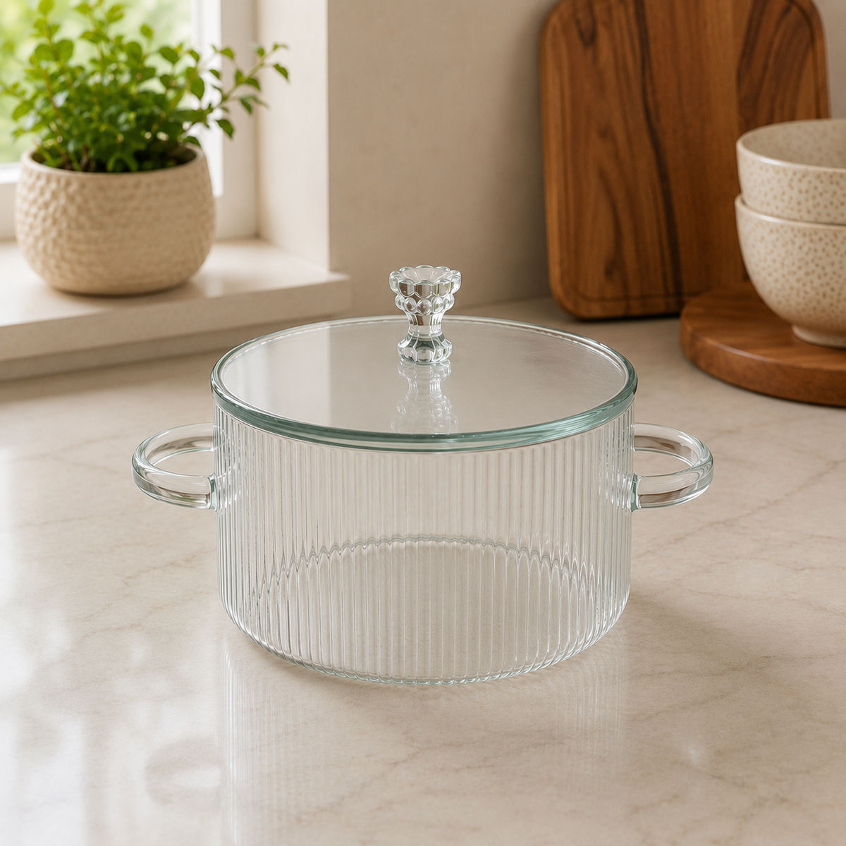 1800ML Textured Glass Cooking Pot with Lid | Round Glass Cooking Pot