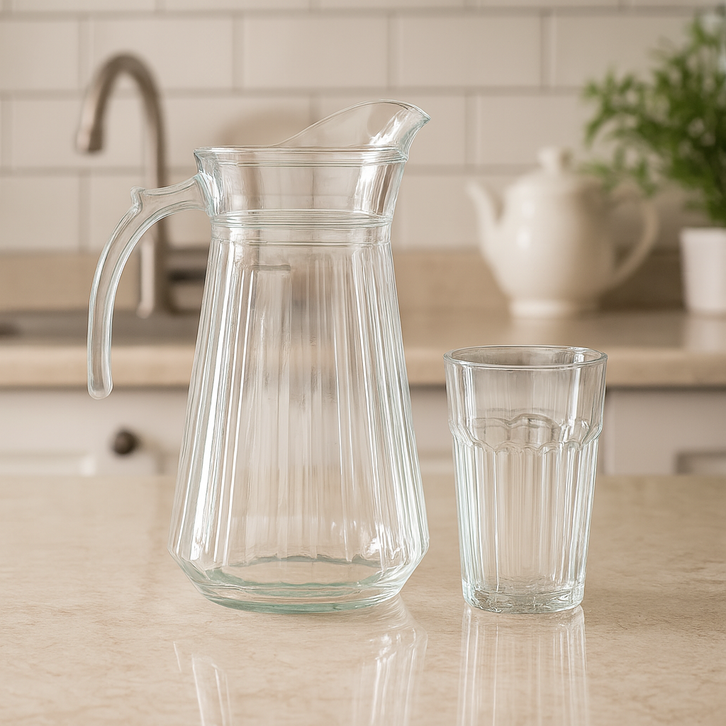 Ribbed Crystal-Style Glass Water Set – 7-Piece Set (1.2 L Jug + 370 mL Glasses) - Habitt
