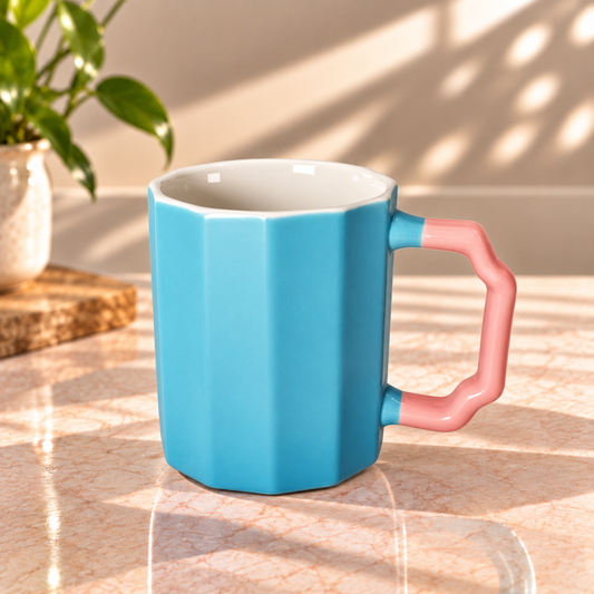 Blue Octagon Mug with Pink Handle – Modern Geometric Coffee & Tea Mug