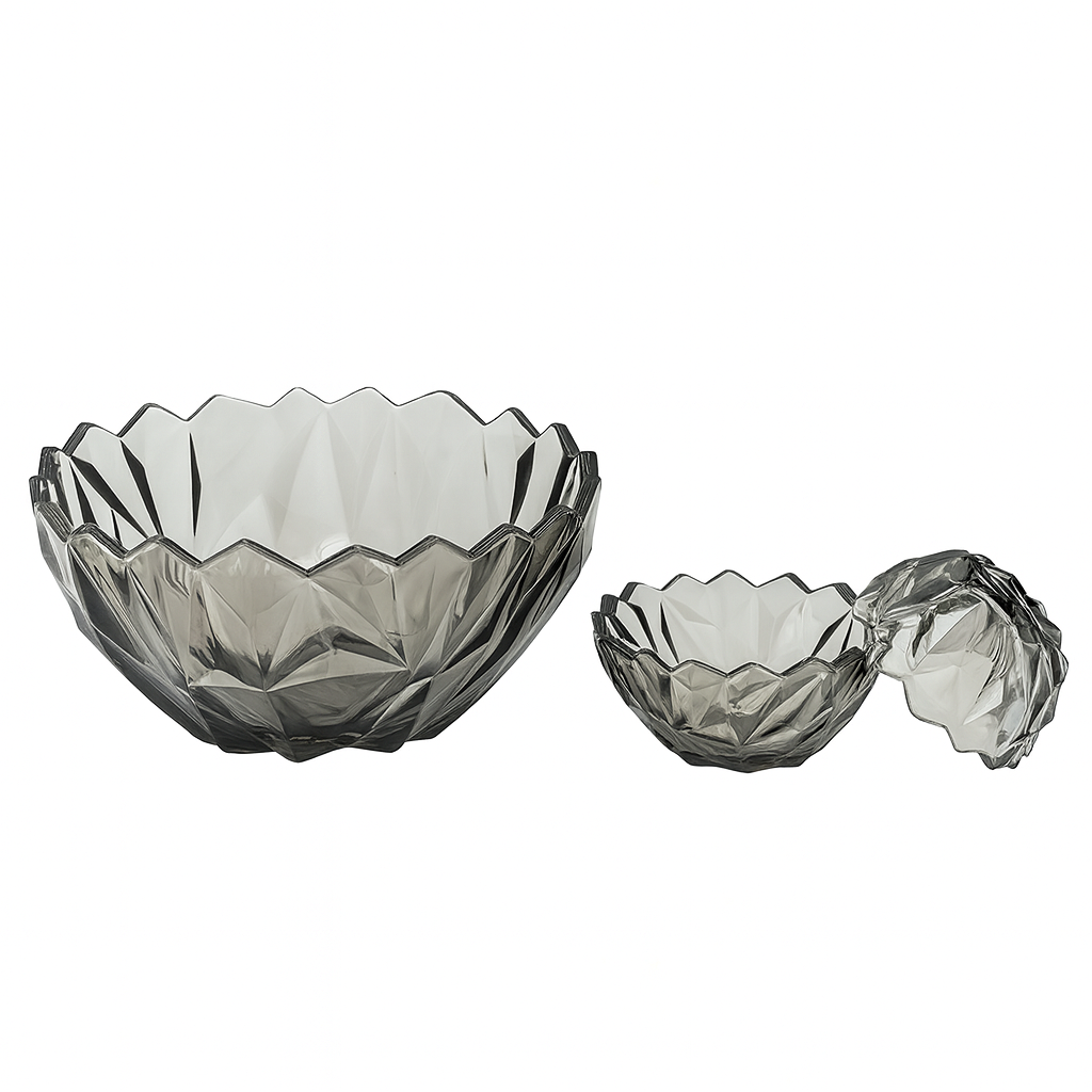 Smoky-Tinted Crystal-Cut 7-Piece Fruit & Serving Bowl Set – Premium Coloured Pressed Glass - Habitt