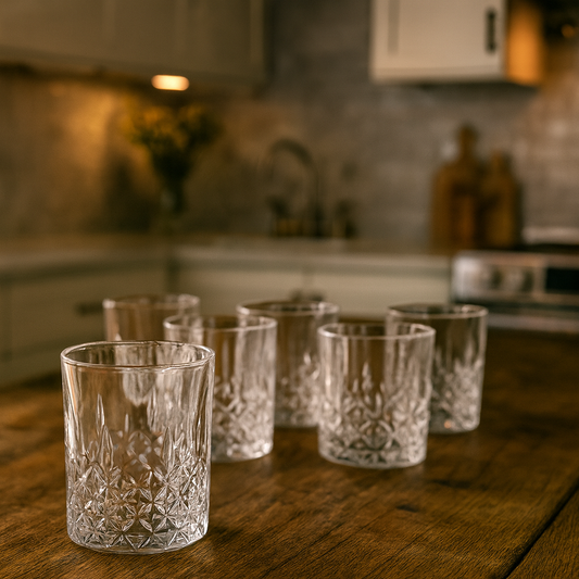 Crystal-Pattern Tumbler Glass Set 340 ml – Premium Heavy Glass Drinkware (6 Pcs) - Habitt