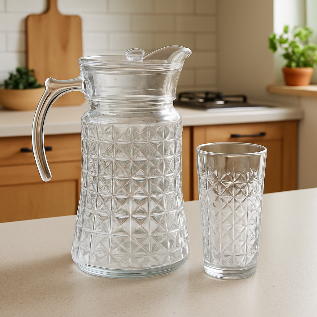 Smoke-Tinted 7-Piece Water Set – Diamond-Cut Jug & Matching Tumblers (Pressed Glass) - Habitt