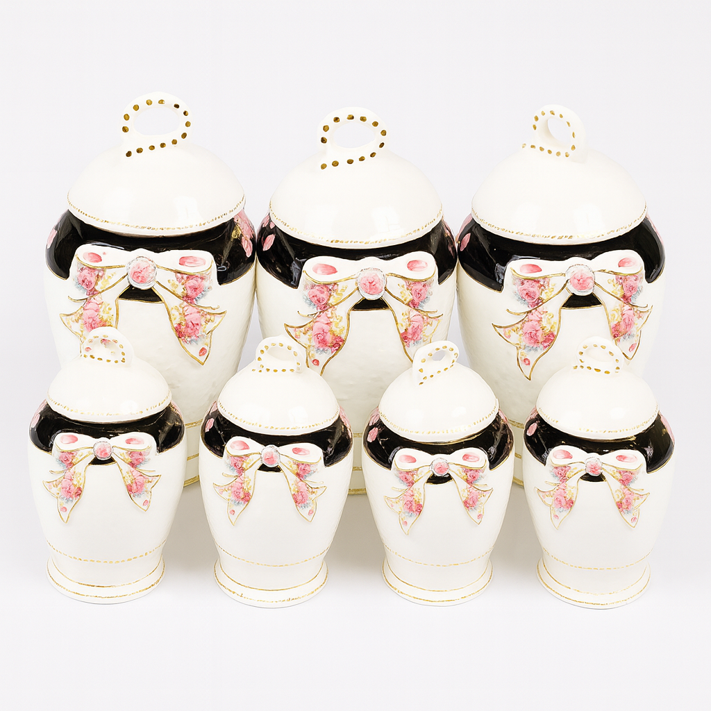 7 Pcs Canister Set with Ceramic Lid 1040 – Floral Bow Kitchen Storage Jars - Habitt