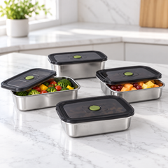 4 Pcs Storage Box Set – Modern Matte Finish with Black Vacuum Lids (500/650/750/1000ML)