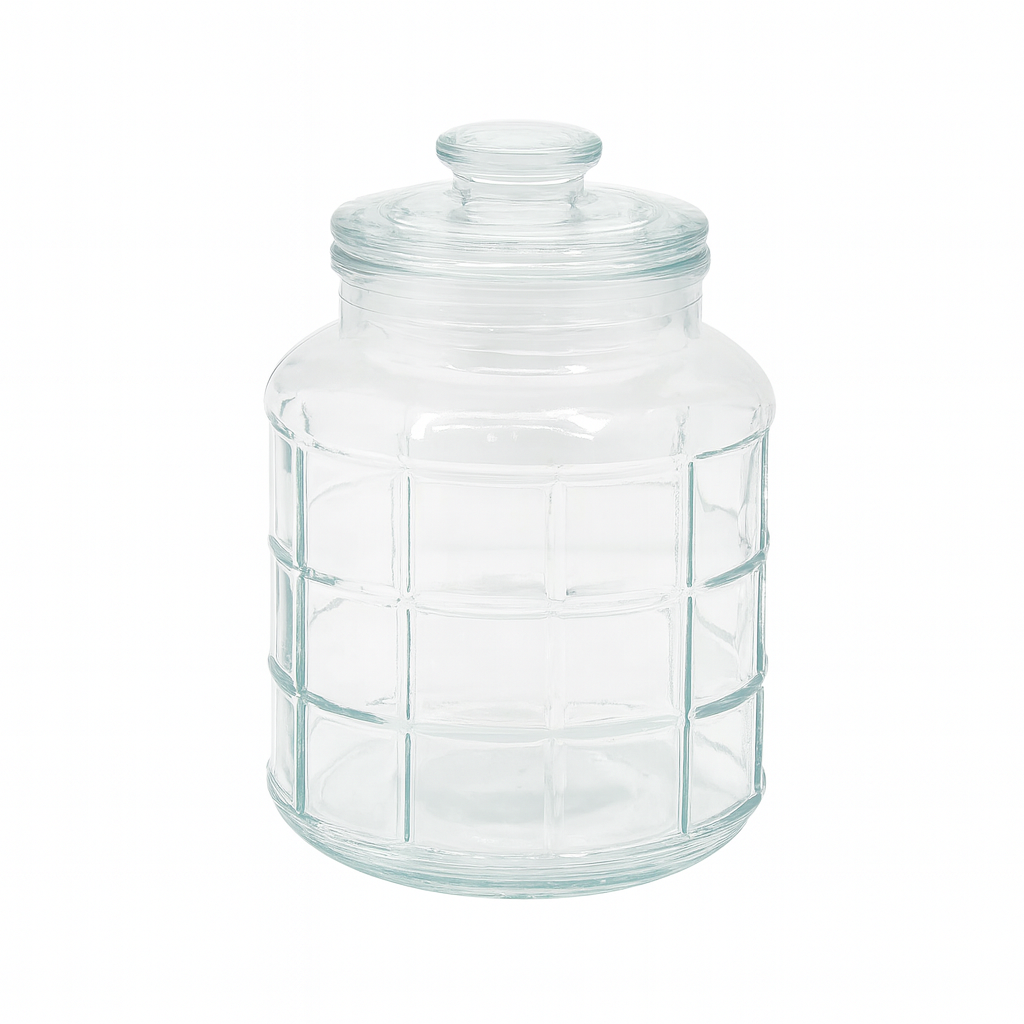 Clear Grid-Pattern Pressed-Glass Storage Jar with Lid – 2200 ml Airtight Kitchen Container - Habitt