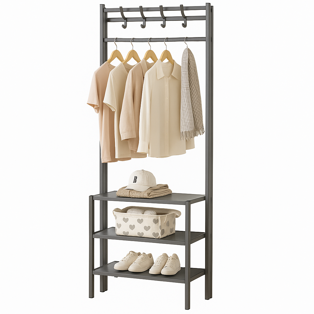 3-Tier Corner Coat Rack – Clothing Organizer with Hanging Rod & Storage Shelves - Habitt