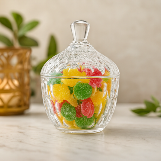 Clear Embossed Glass Candy Jar with Lid – 99 mm Decorative Sweet Container (1 Pc) - Habitt
