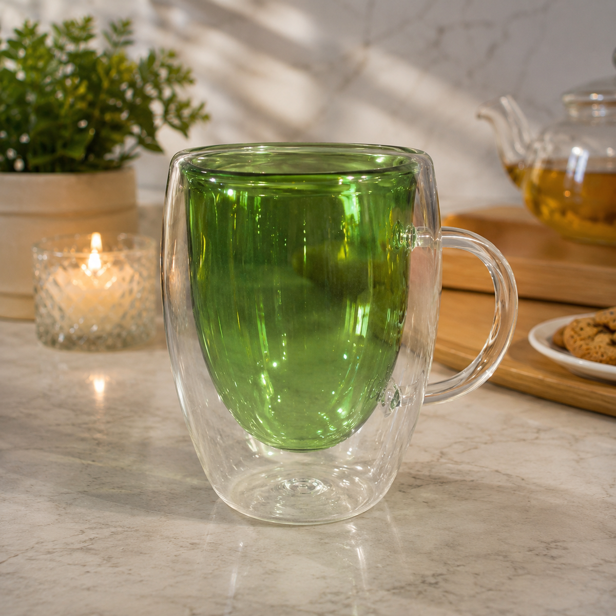 Double Wall Glass Color Mug – Green