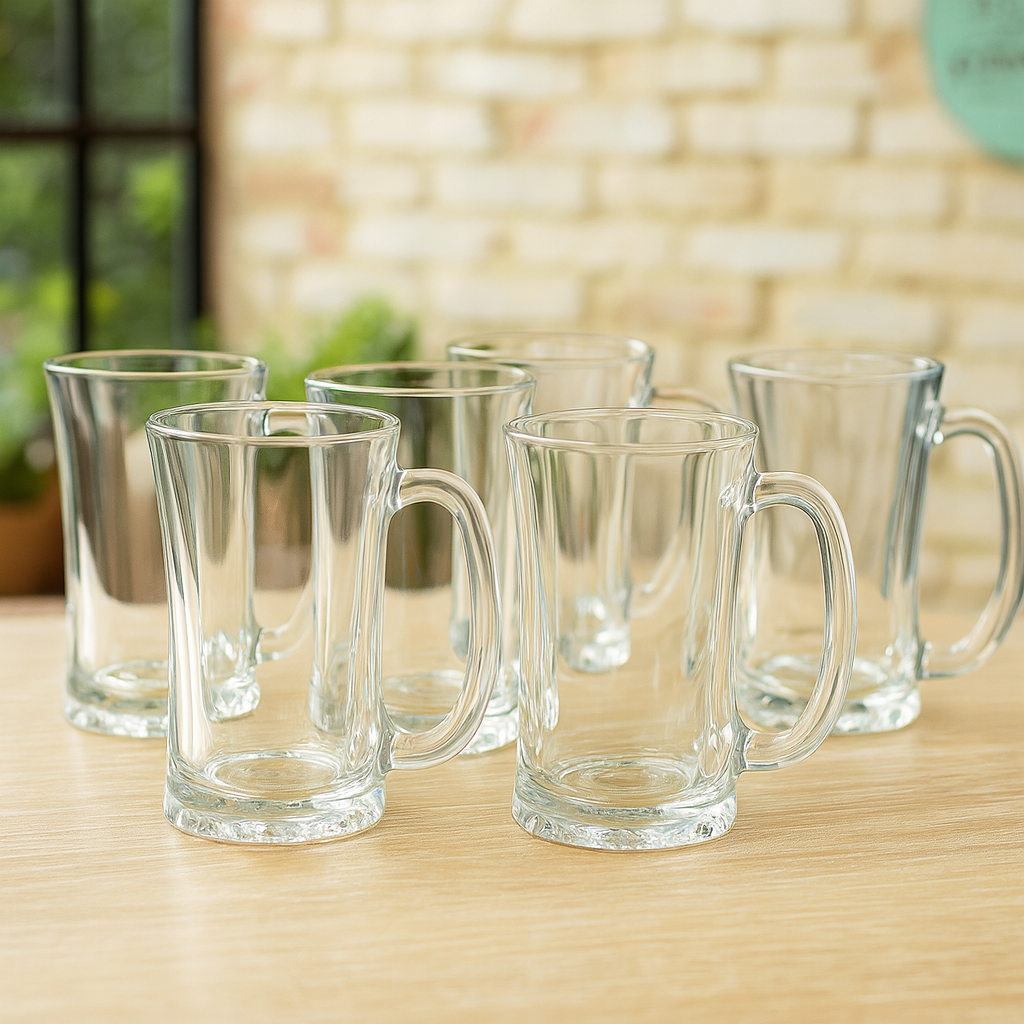 Wavy Textured Clear Glass Juice Mug 320 ml with Handle – Set of 6 | Stylish Drinkware for Home & Café - Habitt