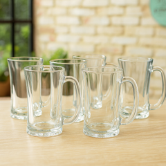 Wavy Textured Clear Glass Juice Mug 320 ml with Handle – Set of 6 | Stylish Drinkware for Home & Café - Habitt
