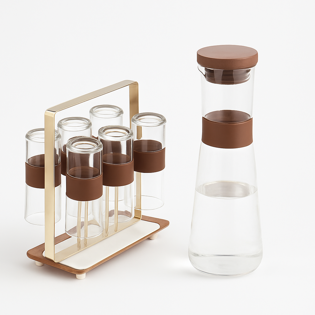 Luxury Glass Water Set 7-Piece – Brown &amp; Gold | Carafe with 6 Glasses and Metal Stand - Habitt