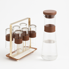 Luxury Glass Water Set 7-Piece – Brown &amp; Gold | Carafe with 6 Glasses and Metal Stand - Habitt