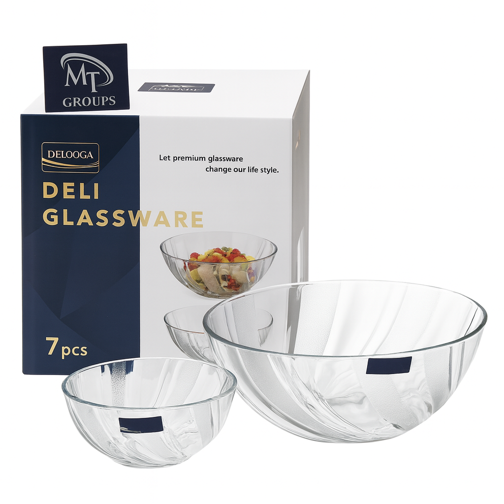Clear Swirl-Pattern Pressed-Glass 7-Piece Fruit Bowl Set – Elegant Modern Serveware - Habitt