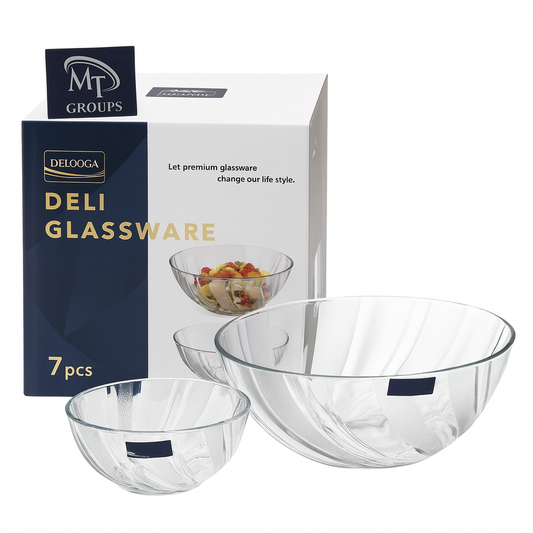 Clear Swirl-Pattern Pressed-Glass 7-Piece Fruit Bowl Set – Elegant Modern Serveware - Habitt