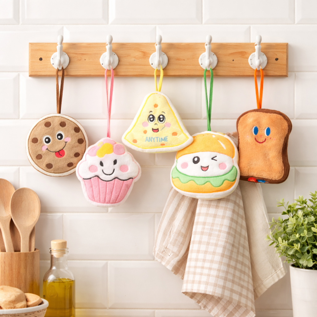 1 pc Assorted - Cartoon Style Plush Kitchen Towel – Cute Food-Shaped Absorbent Hanging Hand Towel - Habitt