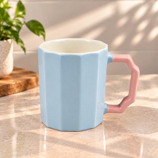 Light Grey Octagon Mug with Pink Handle – Modern Geometric Coffee & Tea Mug