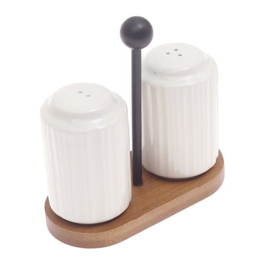 Ceramic Salt & Pepper Shaker Set with Wooden Stand - Habitt