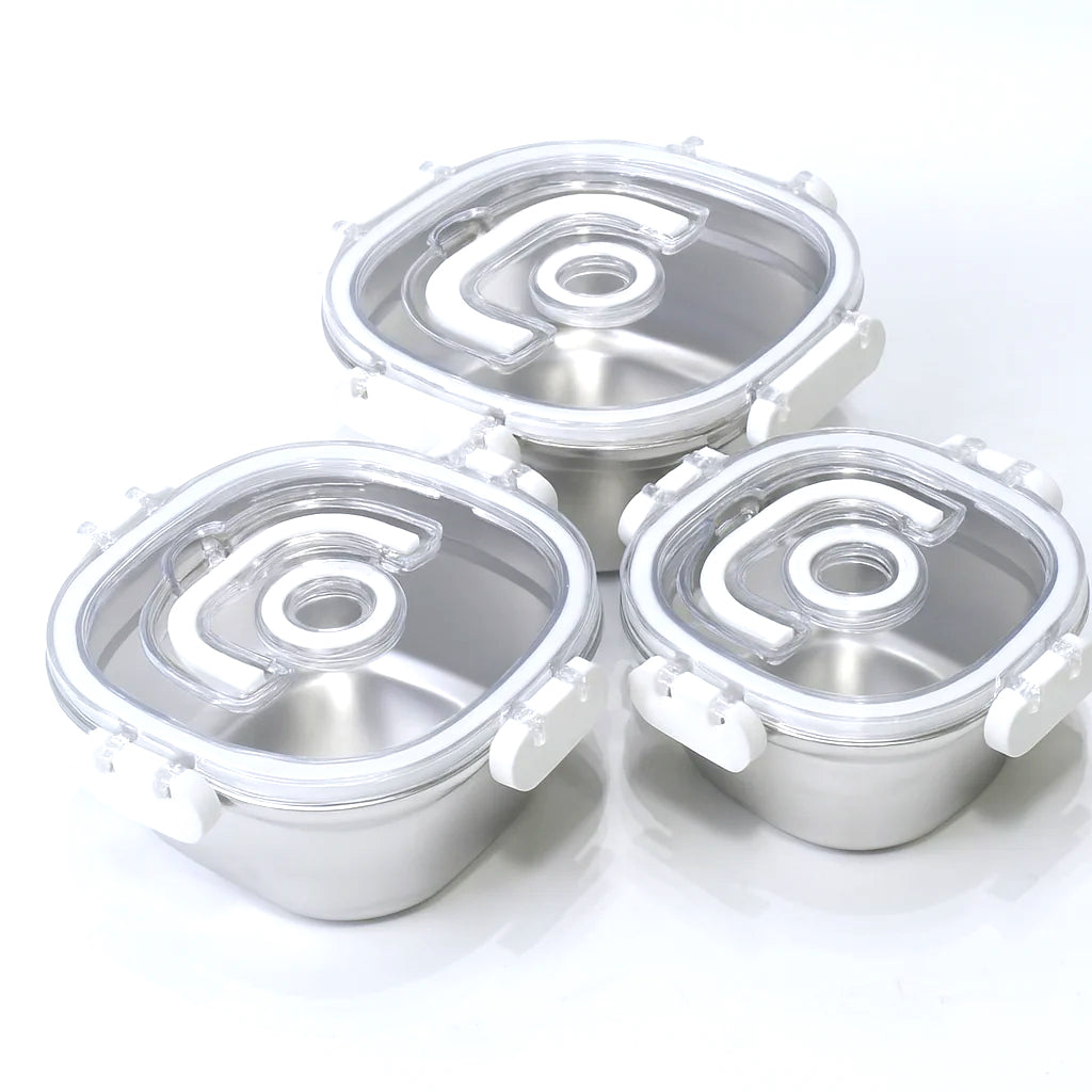 3 Pcs Steel Storage Box Set – Airtight with Transparent Lid (700ml | 1000ml | 1400ml) - Habitt