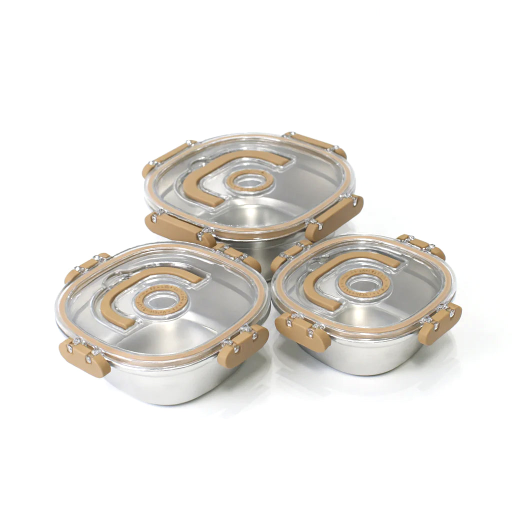 3 Pcs Steel Storage Box Set – Airtight with Transparent Lid (Tan Clips) – 700ml | 1000ml | 1400ml - Habitt