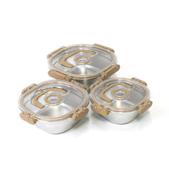 3 Pcs Steel Storage Box Set – Airtight with Transparent Lid (Tan Clips) – 700ml | 1000ml | 1400ml - Habitt