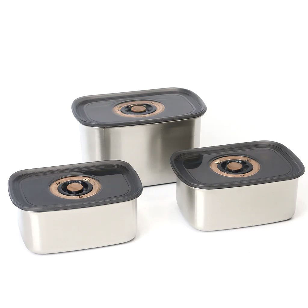 3 Pcs Steel Storage Box Set – Modern Matte Finish with Black Vacuum Lids – 750ml | 1000ml | 1250ml - Habitt