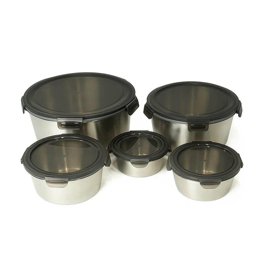 5 Pcs Steel Storage Box Set – Brushed Steel with Black Clip-Lock Lids – 400ml to 3500ml - Habitt
