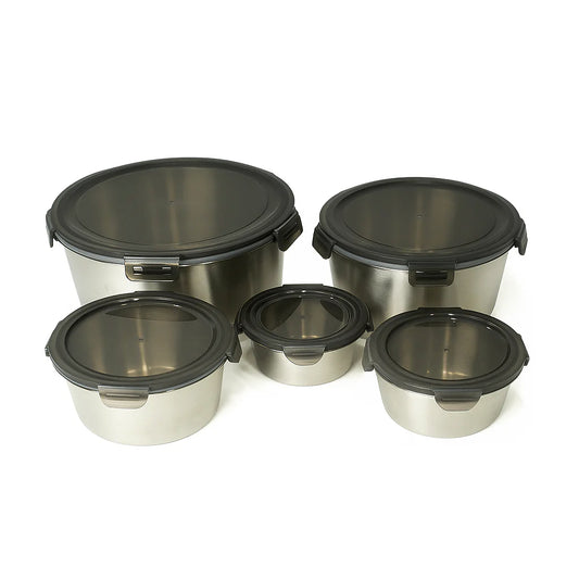 5 Pcs Steel Storage Box Set – Brushed Steel with Black Clip-Lock Lids – 400ml to 3500ml - Habitt