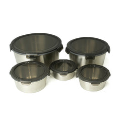 5 Pcs Steel Storage Box Set – Brushed Steel with Black Clip-Lock Lids – 400ml to 3500ml - Habitt
