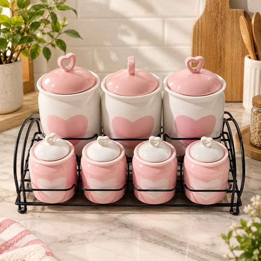 7Pcs Heart Design Ceramic Canister Set with Rack | Kitchen Storage Jar Set