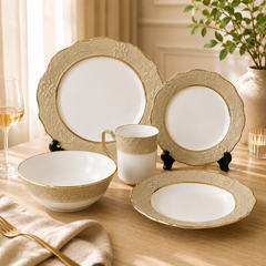 Premium Porcelain Dinner Set – Embossed Floral Design with Gold Rim