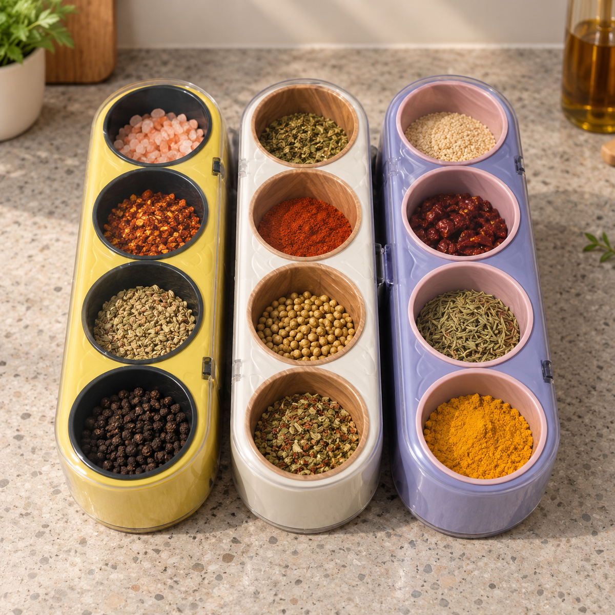 Assorted 4-Grid Masala Box with Spoon | Kitchen Spice Organizer
