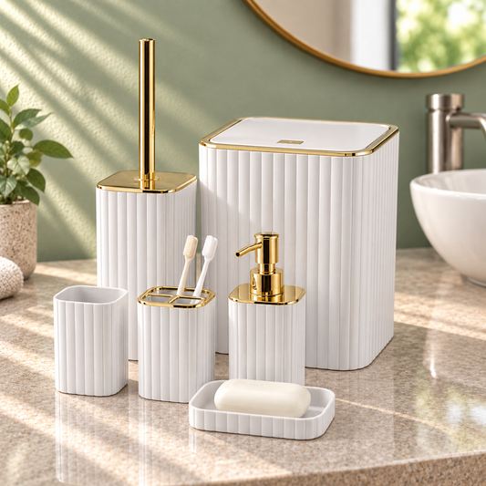 6PC ABS Plastic Washroom Set – Complete Bathroom Accessories Set with Soap Dispenser, Toothbrush Holder, Soap Dish, Toilet Brush & Waste Bin