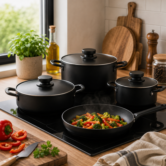 Lena 7 Pcs Cookware Set – Classic Matte Black Nonstick Aluminium Set