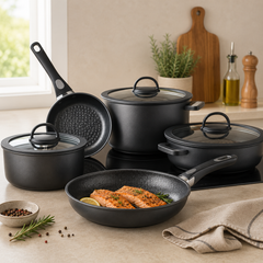 Neta 10-Piece Non-Stick Cookware Set – Premium Black Granite Coated Pots & Pans with Glass Lids, Induction Compatible
