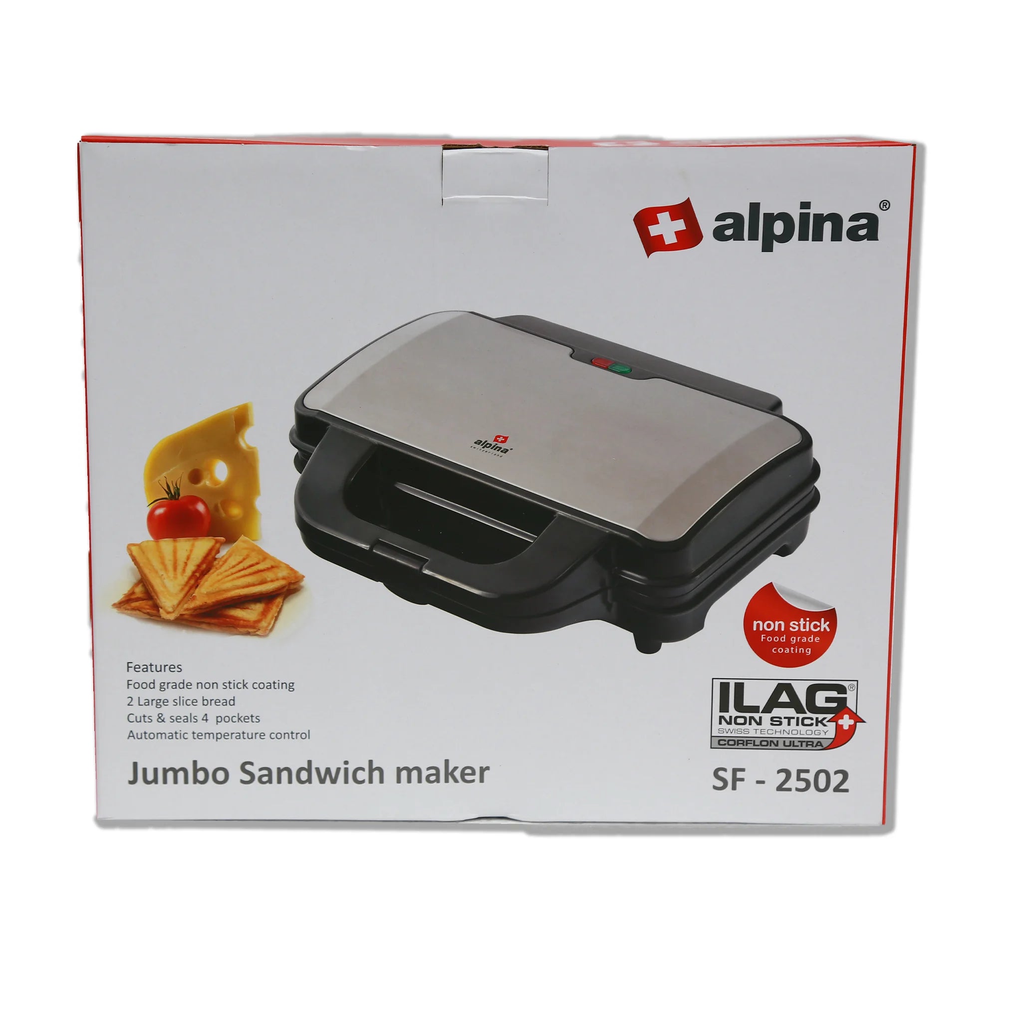 Alpina SF-2502-SB Jumbo Sandwich Maker | 1400W Non-Stick Electric Sandwich Grill – Black & Stainless Steel - Habitt